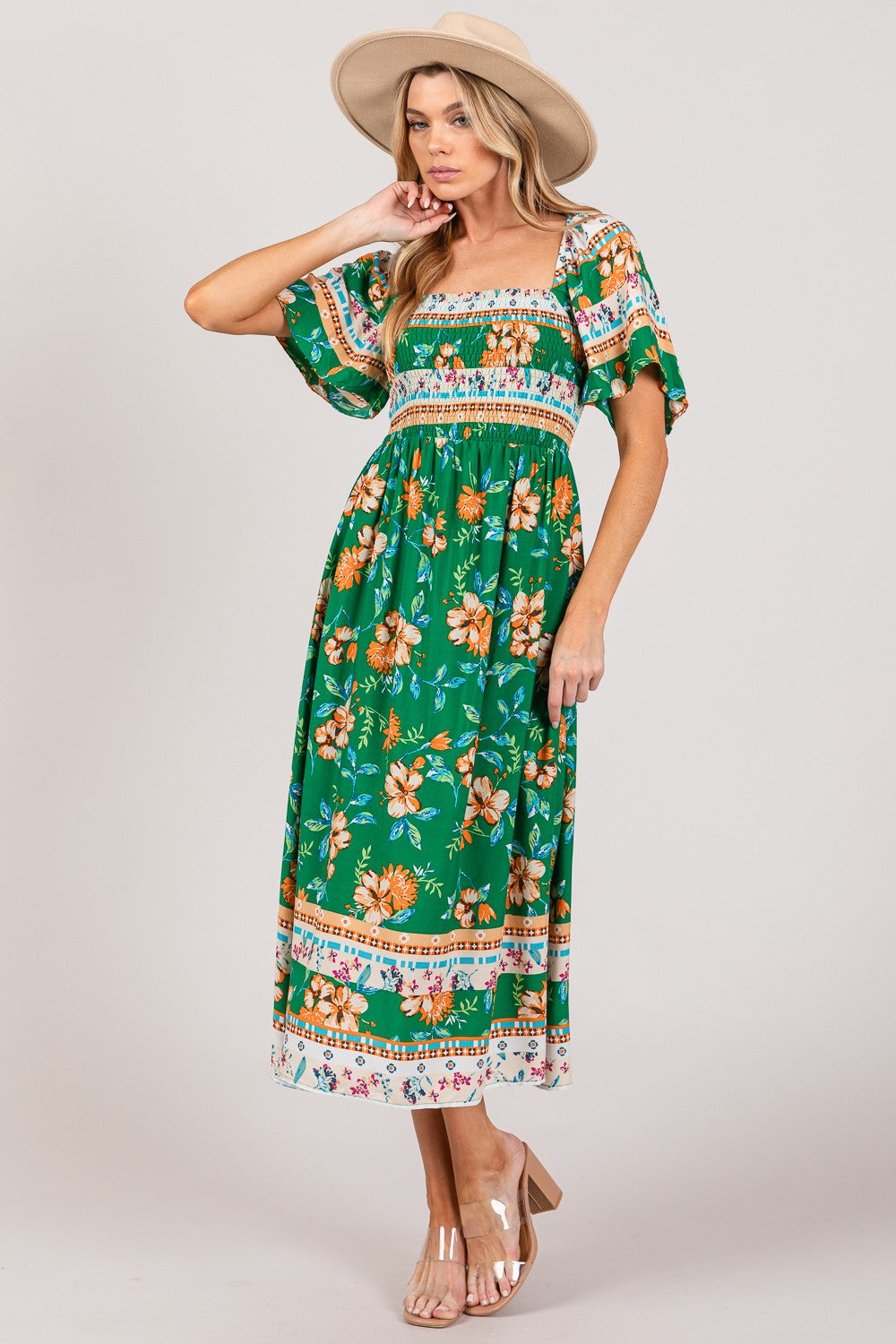 Square Neck Printed Smocked Short Sleeve Midi Dress