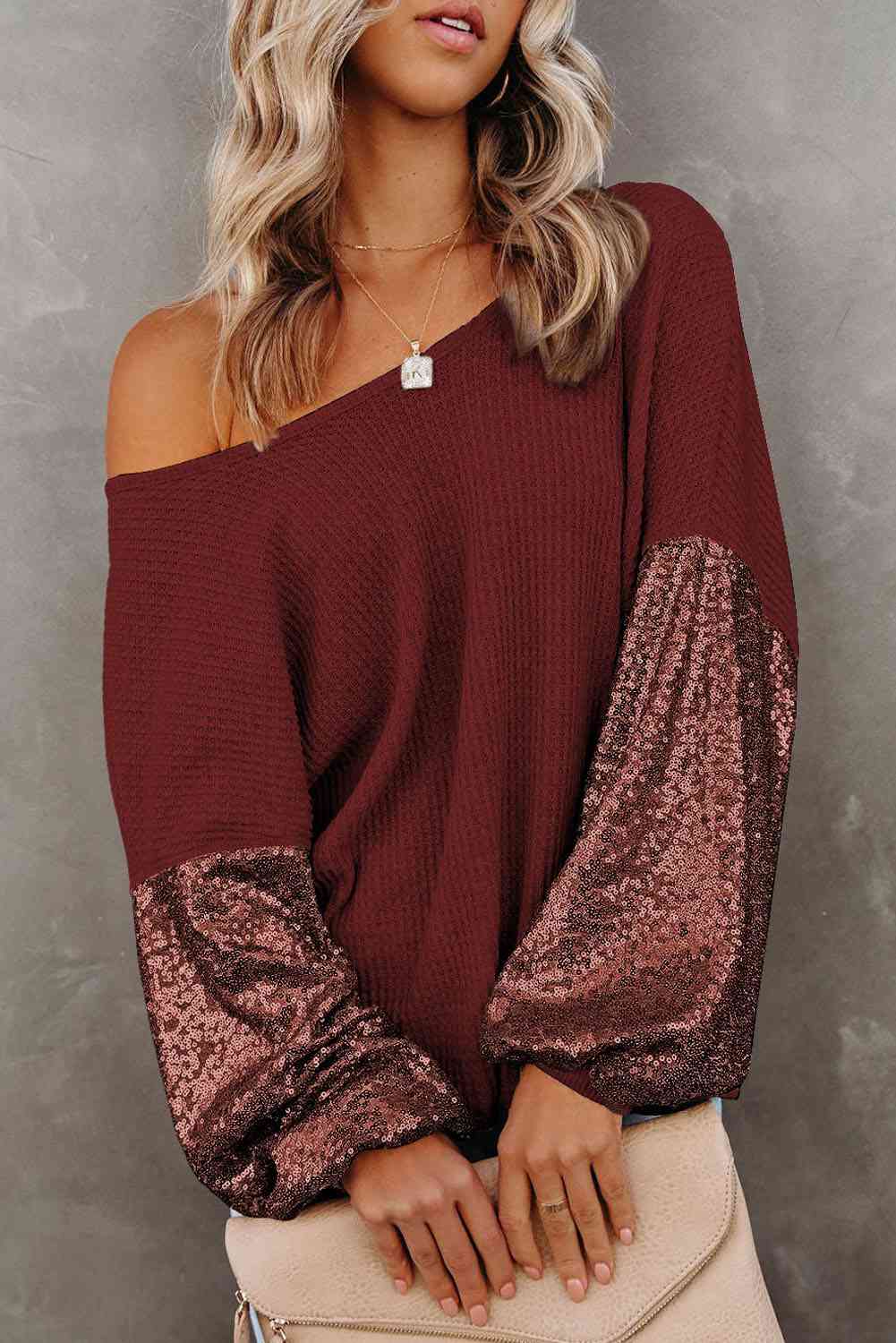 Two Way Any Place Punch Sequin Waffle-Knit Blouse