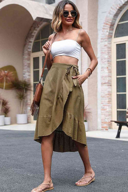 Volume Olive Color Elastic Waist Ruffled Midi Skirt with Pockets