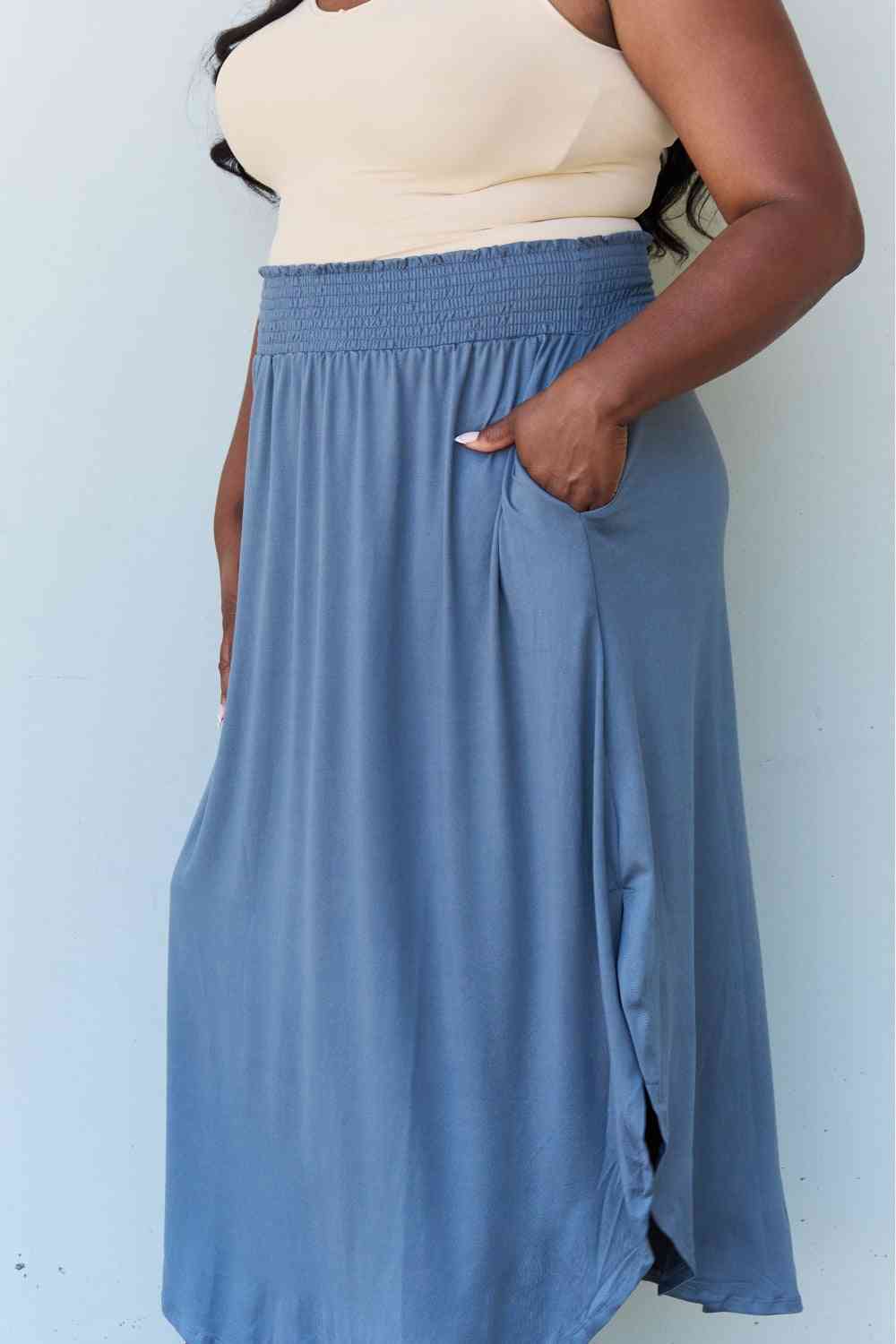 Lounge Easy care Comfort Princess Full Size High Waist Scoop Hem Maxi Skirt in Dusty Blue