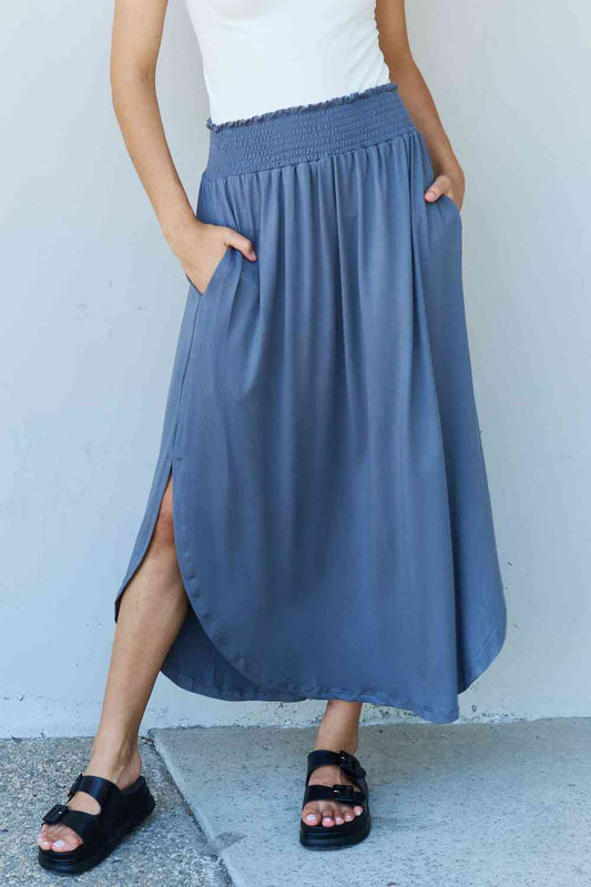 Lounge Easy care Comfort Princess Full Size High Waist Scoop Hem Maxi Skirt in Dusty Blue
