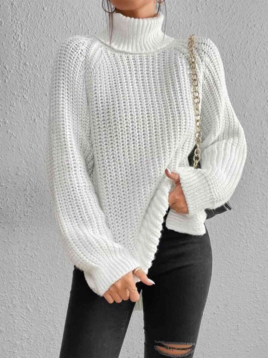 Full Size Turtleneck Rib-Knit Old Classic Forever Slit Sweater