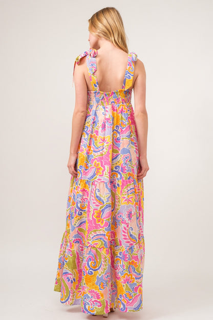 Multi Color Floral Printed Tie Shoulder Tiered Maxi Dress